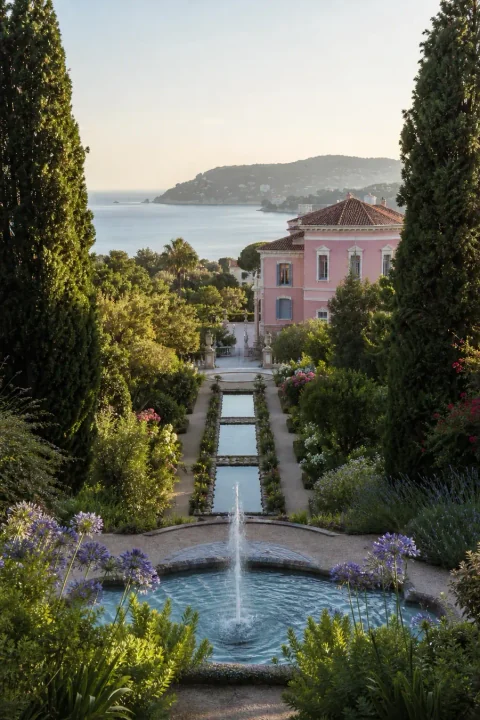 Jardines y fachada rosa de Villa Ephrussi de Rothschild junto al mar